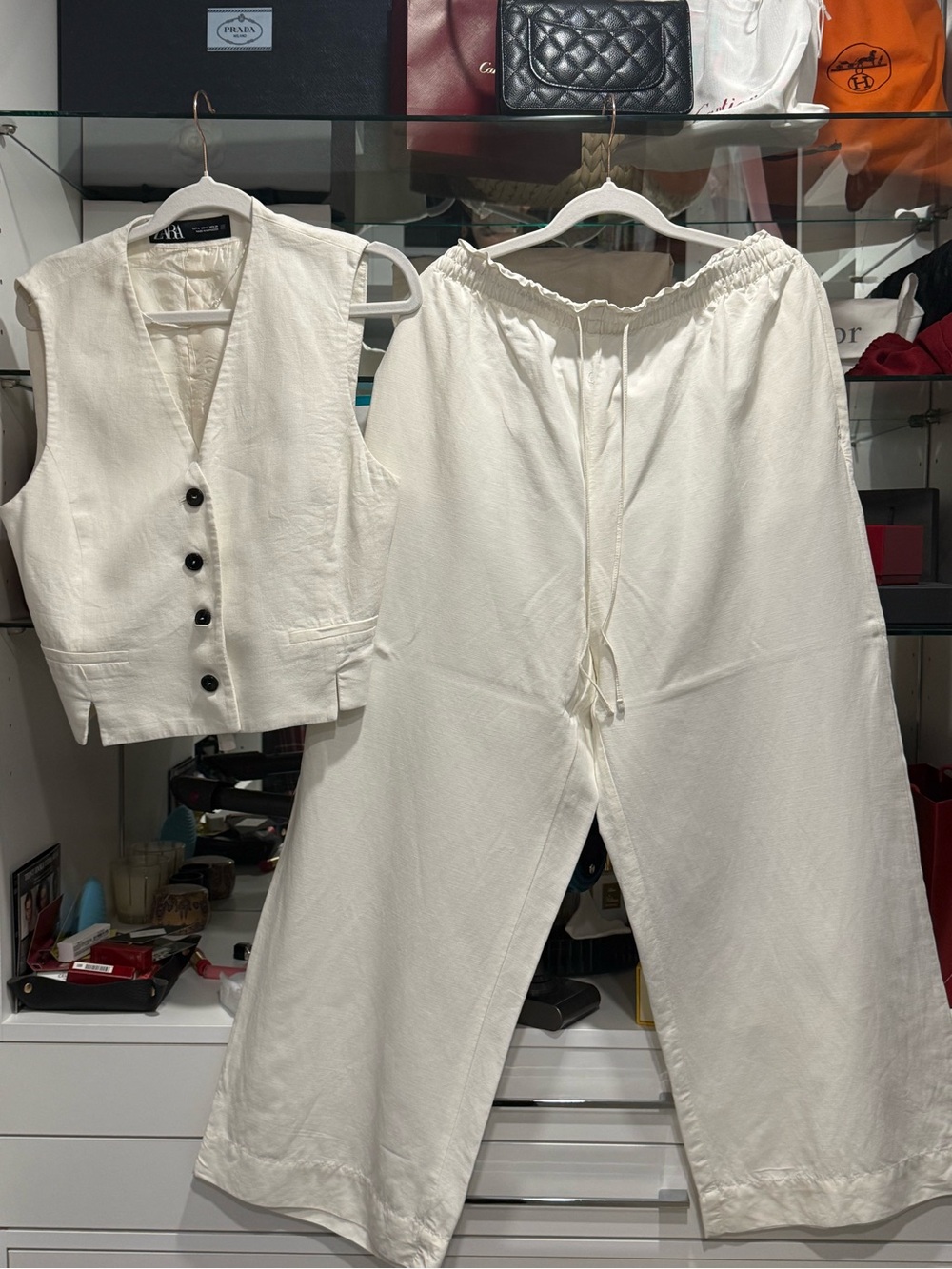 Linen set H&M Cream Wide-Leg Drawstring Pants and Zara vest